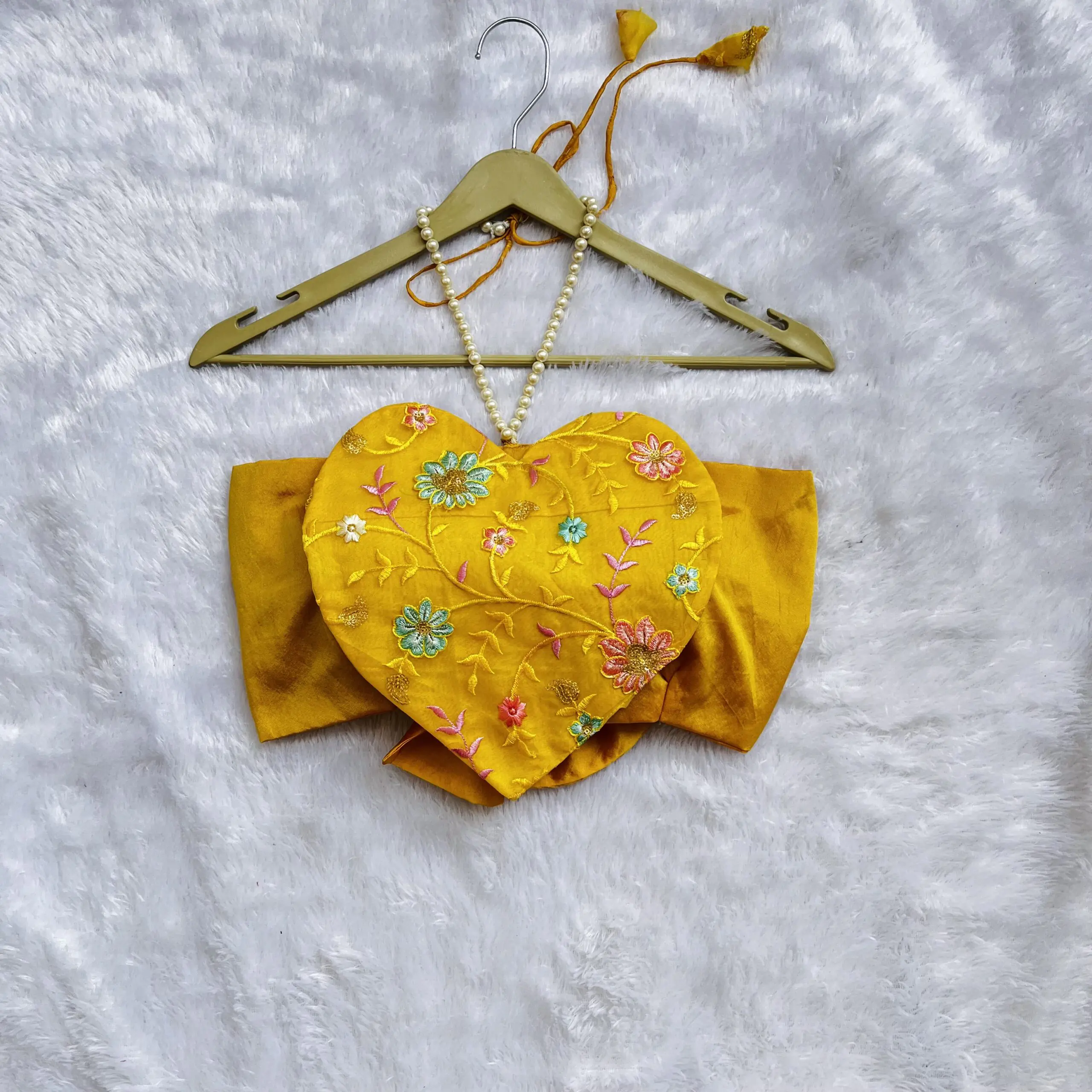 Sweetheart Yellow Halter Neck Pearl Blouse