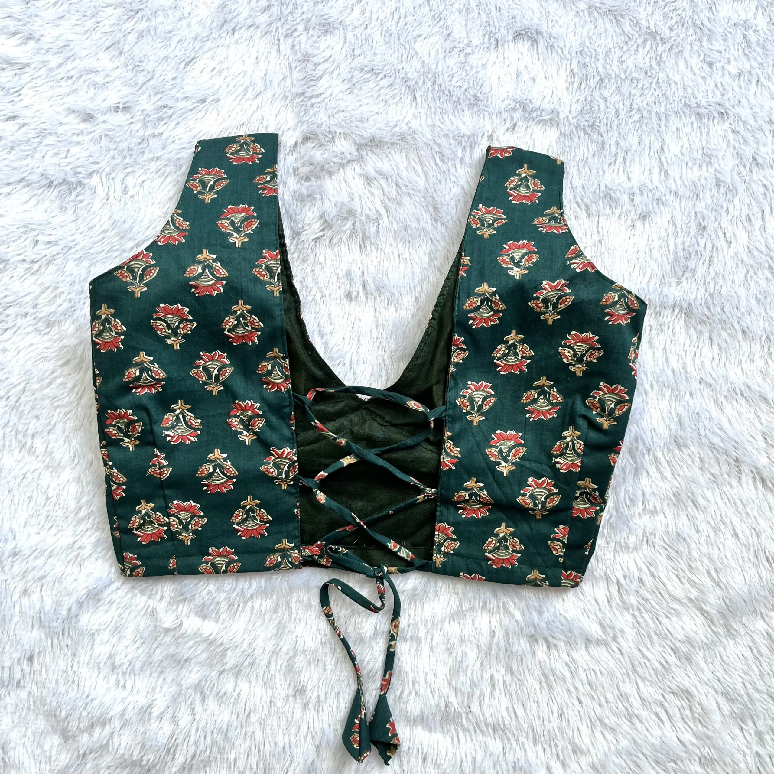 Green Motif Deep V-Neck Back Criss Cross Blouse - Image 2