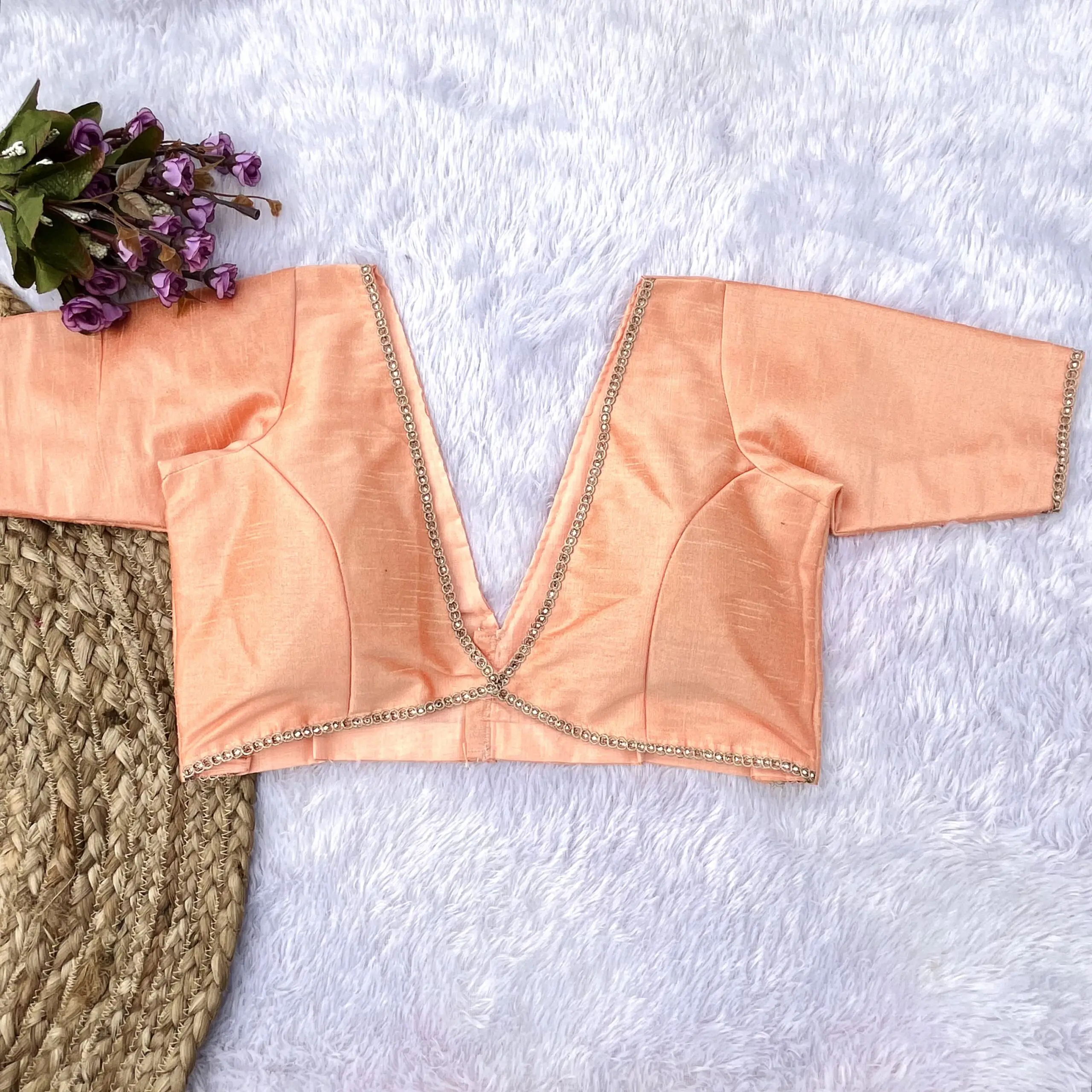Peach Raw Silk Deep V-neck Blouse