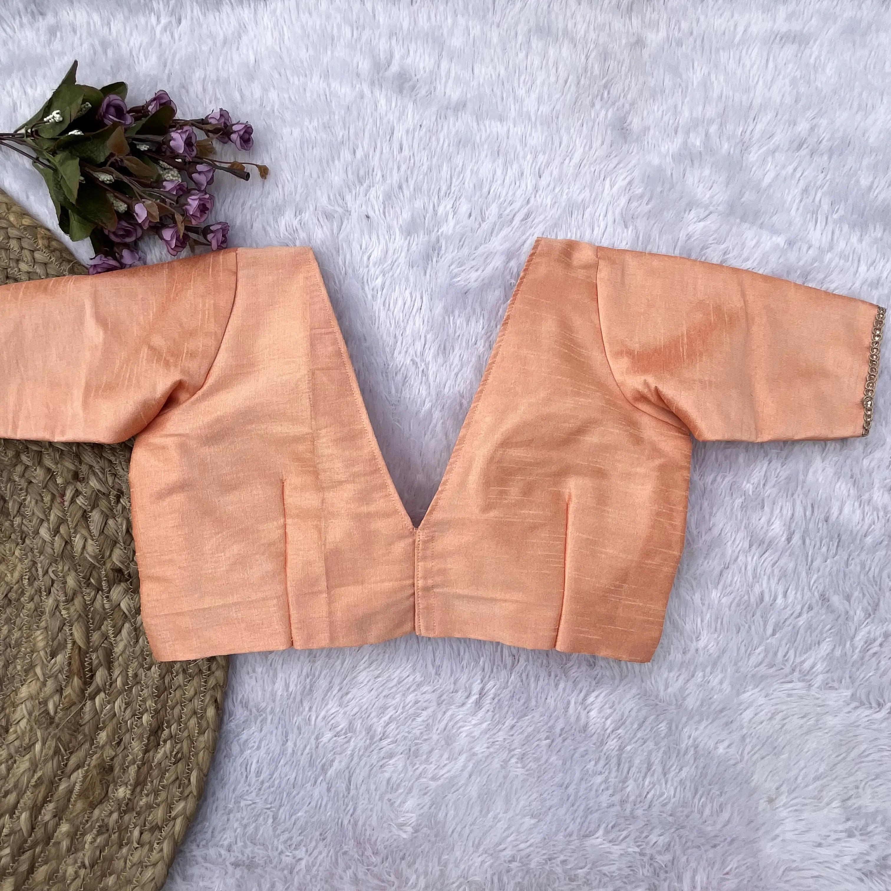 Peach Raw Silk Deep V-neck Blouse - Image 2