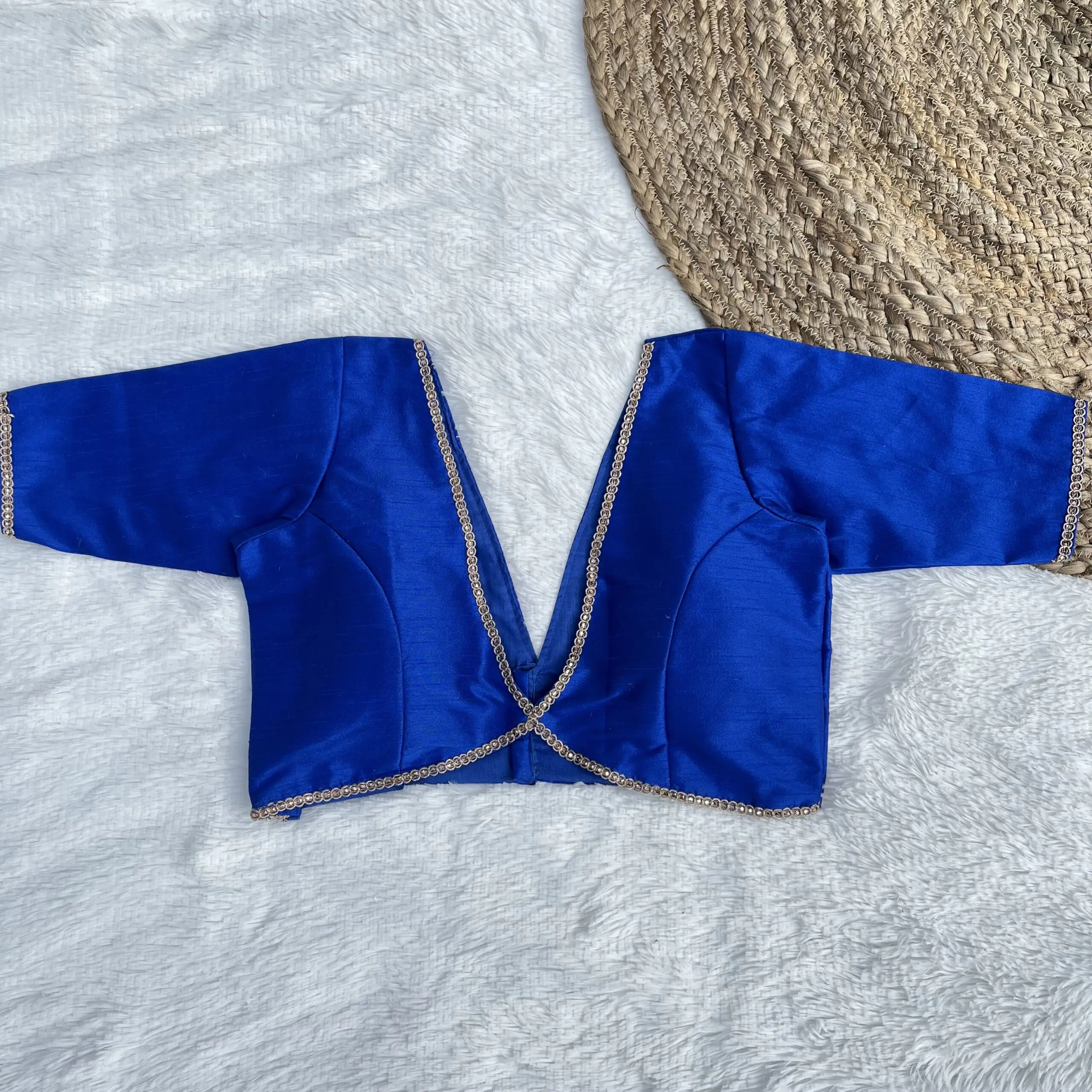 Royal Blue Deep V-Neck Raw Silk Blouse
