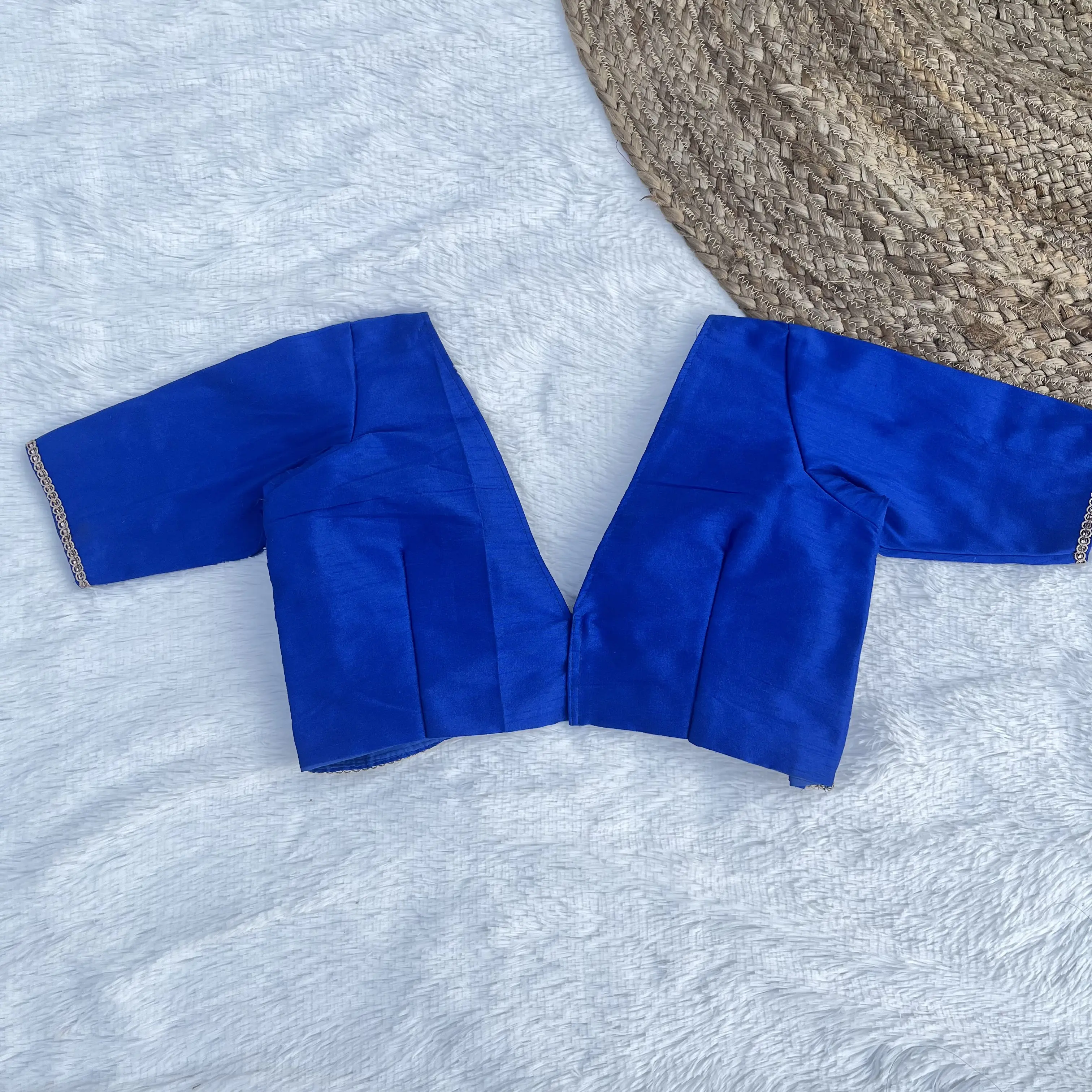 Royal Blue Deep V-Neck Raw Silk Blouse - Image 2