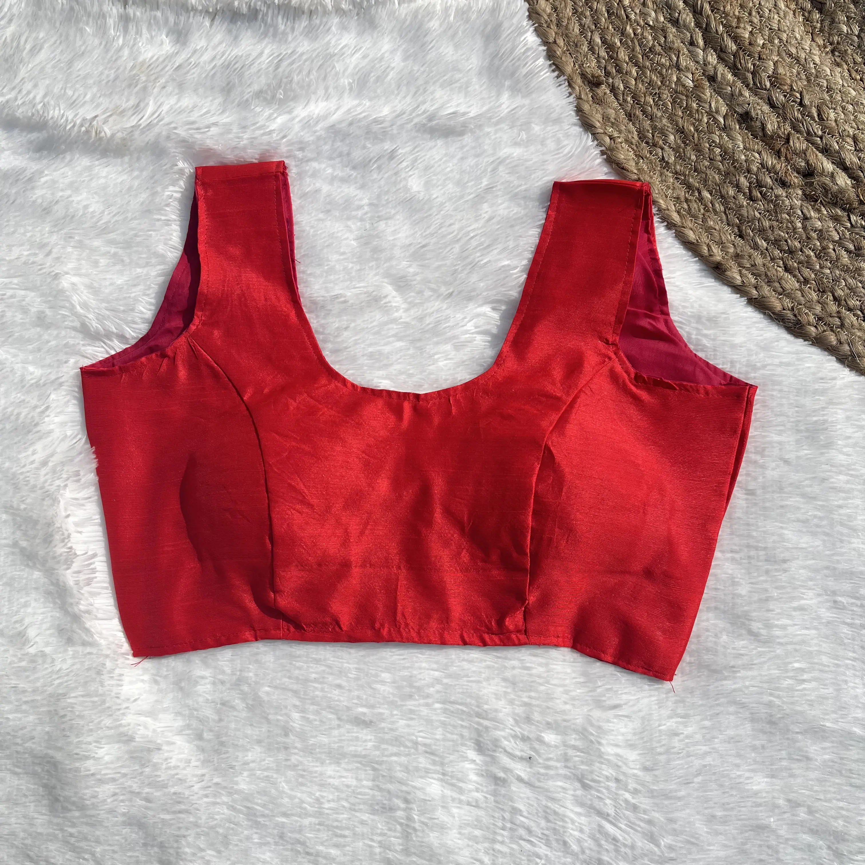 Red Sleeveless Raw Silk Blouse