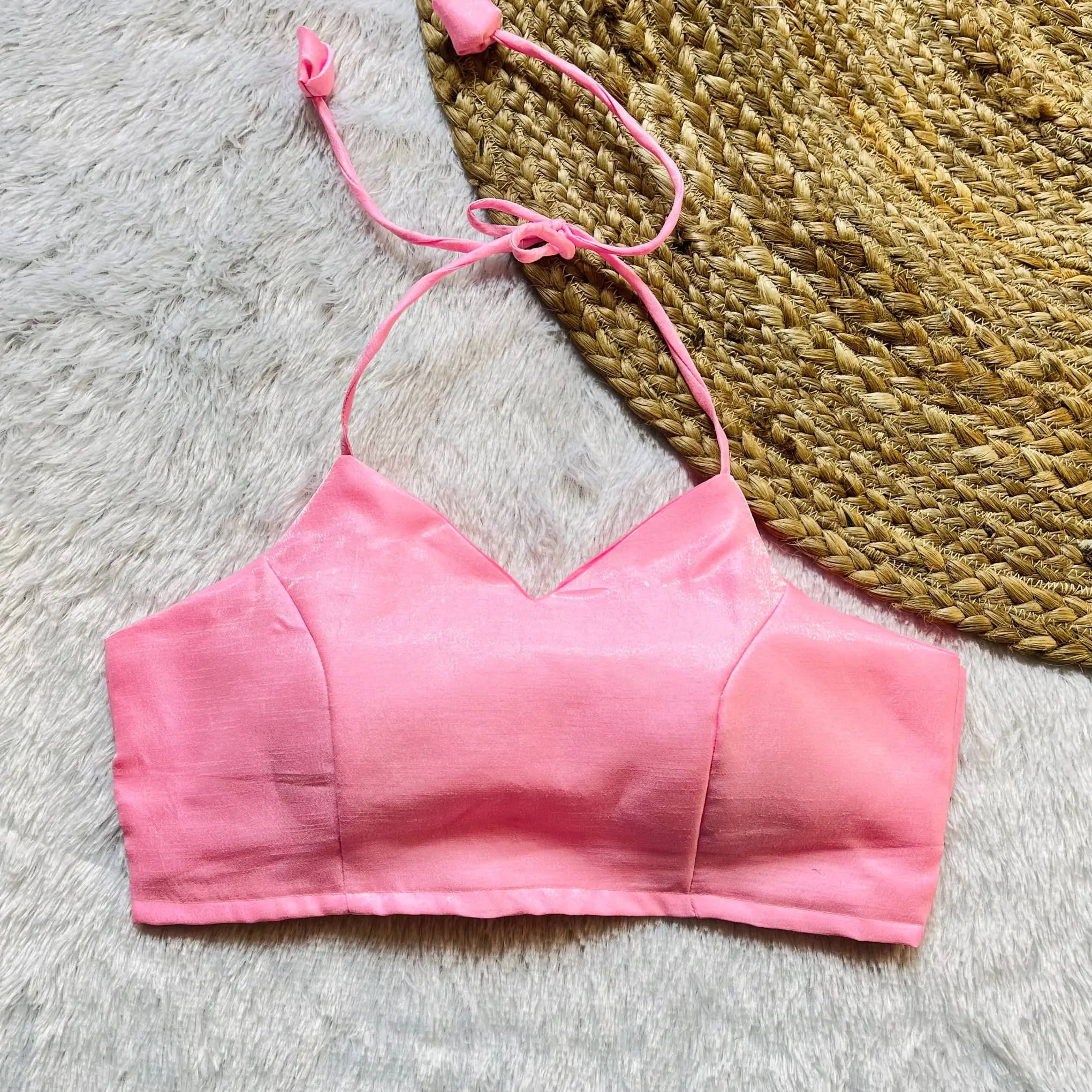 Baby Pink Raw Silk Halter Neck Blouse
