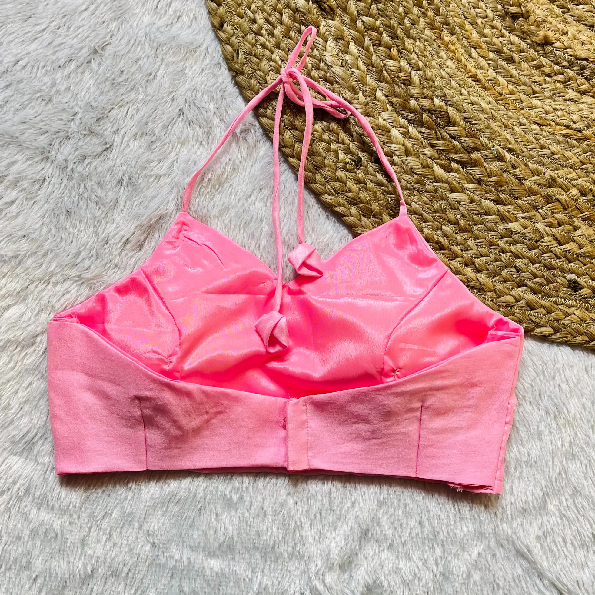 Baby Pink Raw Silk Halter Neck Blouse - Image 2