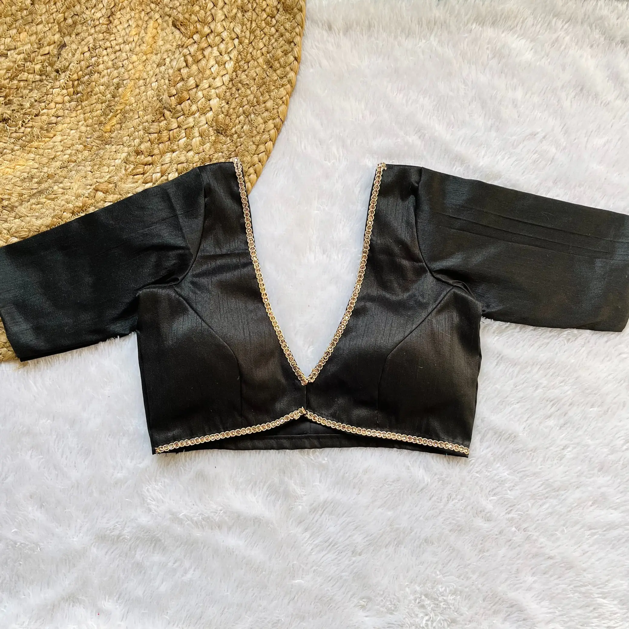 Black Deep V-Neck Front Open Blouse