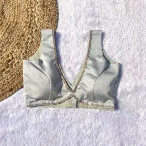 Silver Deep V-Neck Raw Silk Blouse
