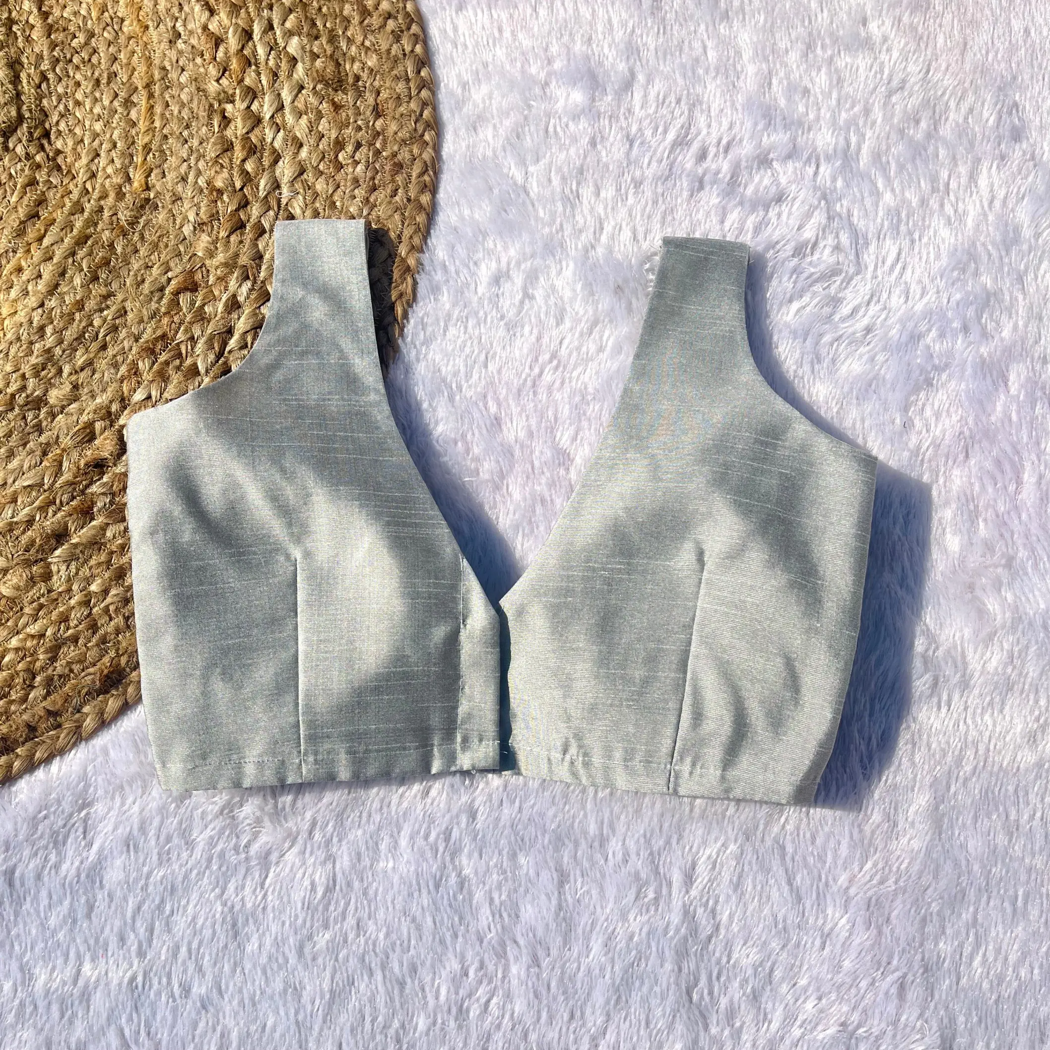 Silver Deep V-Neck Raw Silk Blouse - Image 2