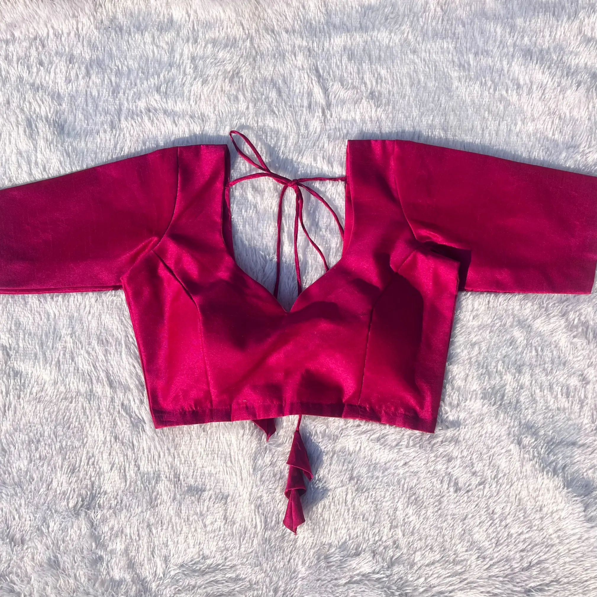 Pink Sweetheart Neck Raw Silk Blouse with Back Tassels