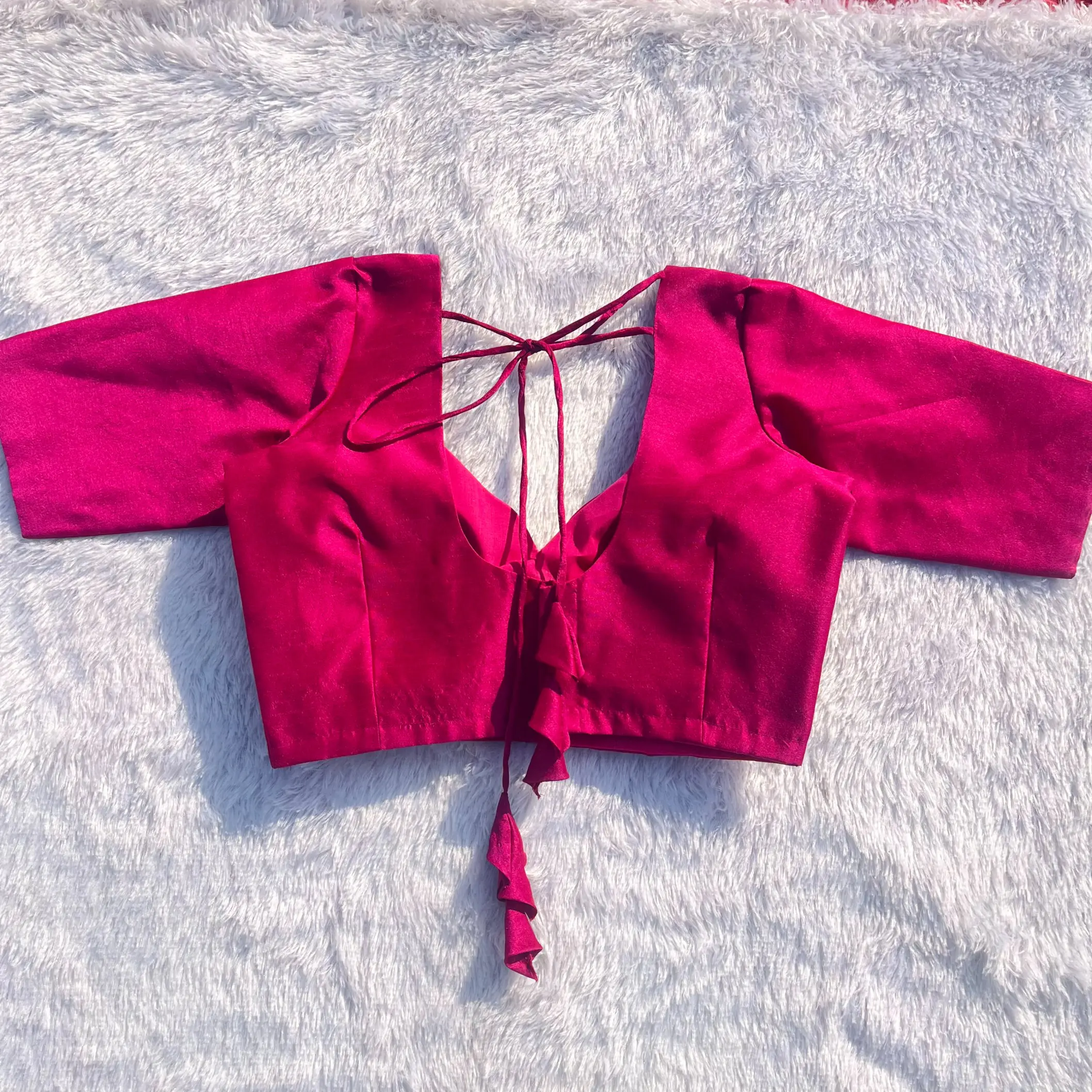 Pink Sweetheart Neck Raw Silk Blouse with Back Tassels - Image 2