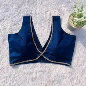 Indigo Blue Deep V-Neck Raw Silk Blouse