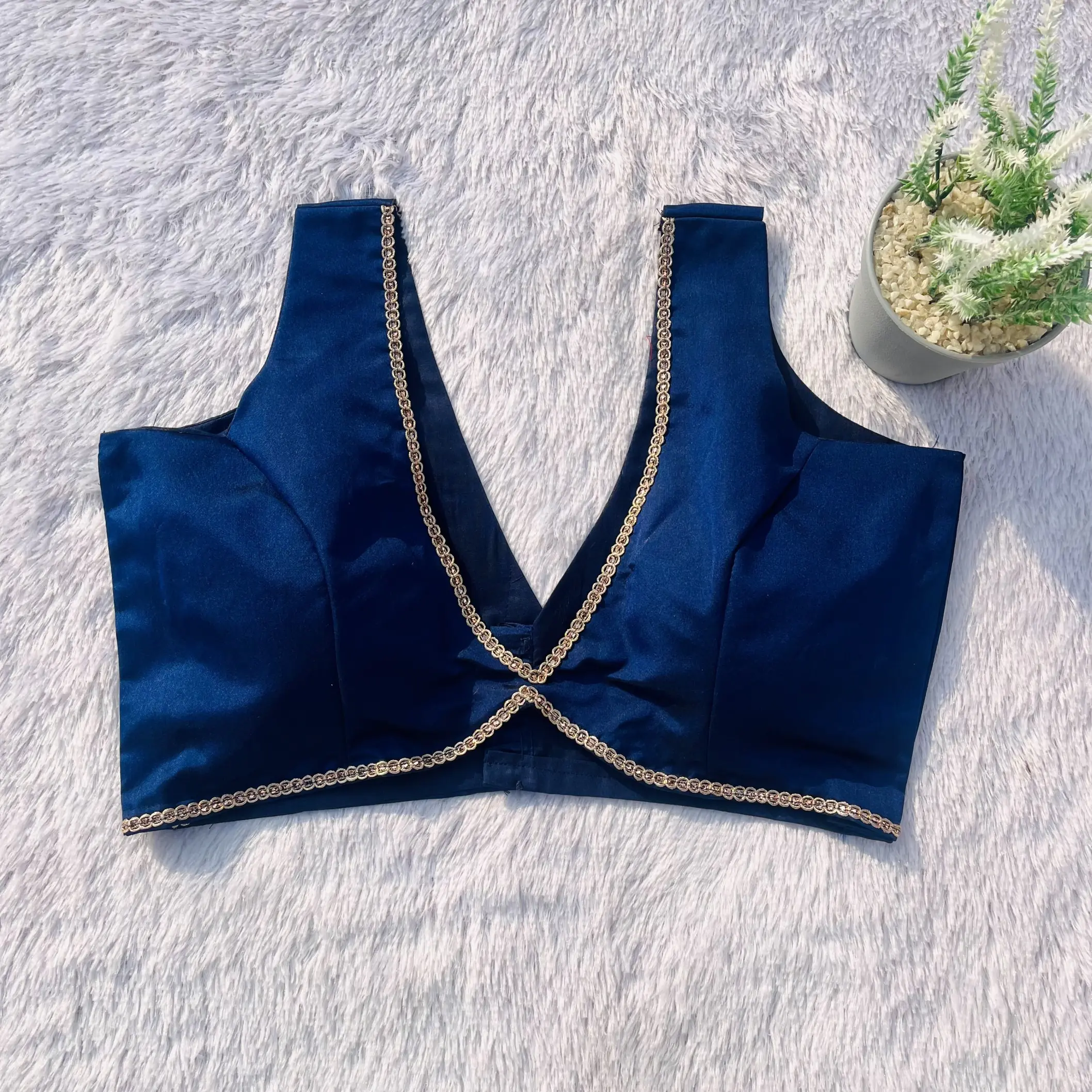 Indigo Blue Deep V-Neck Raw Silk Blouse