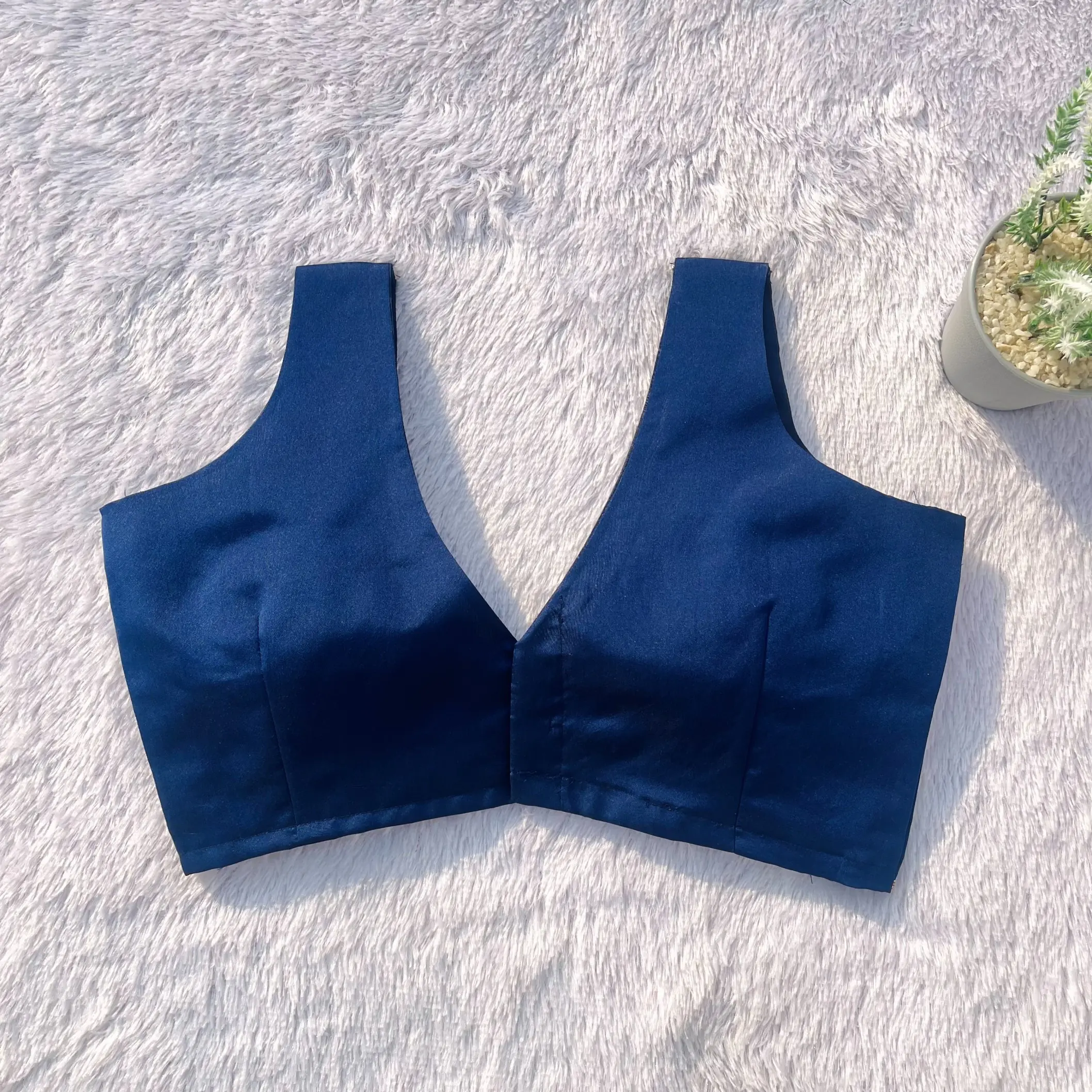 Indigo Blue Deep V-Neck Raw Silk Blouse - Image 2