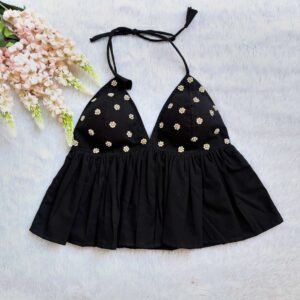 Black Handwork Halter Neck Peplum Blouse