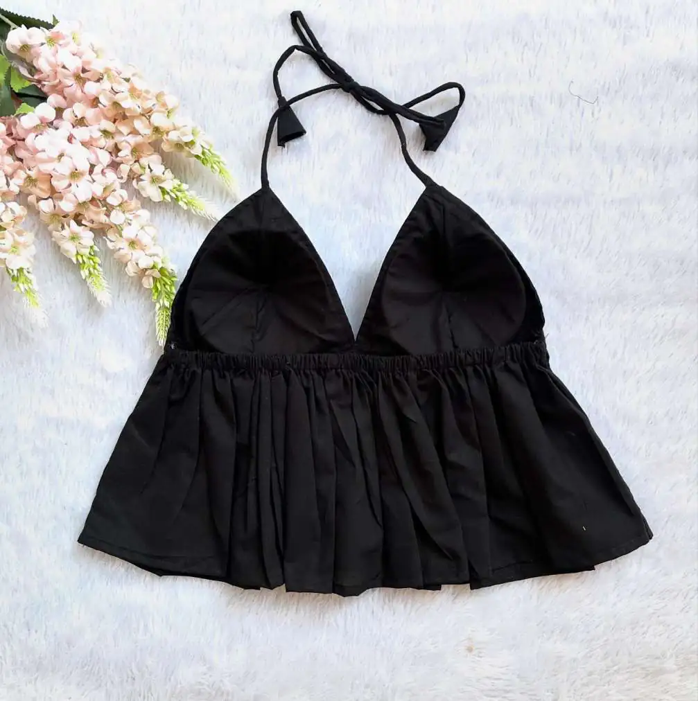 Black Handwork Halter Neck Peplum Blouse