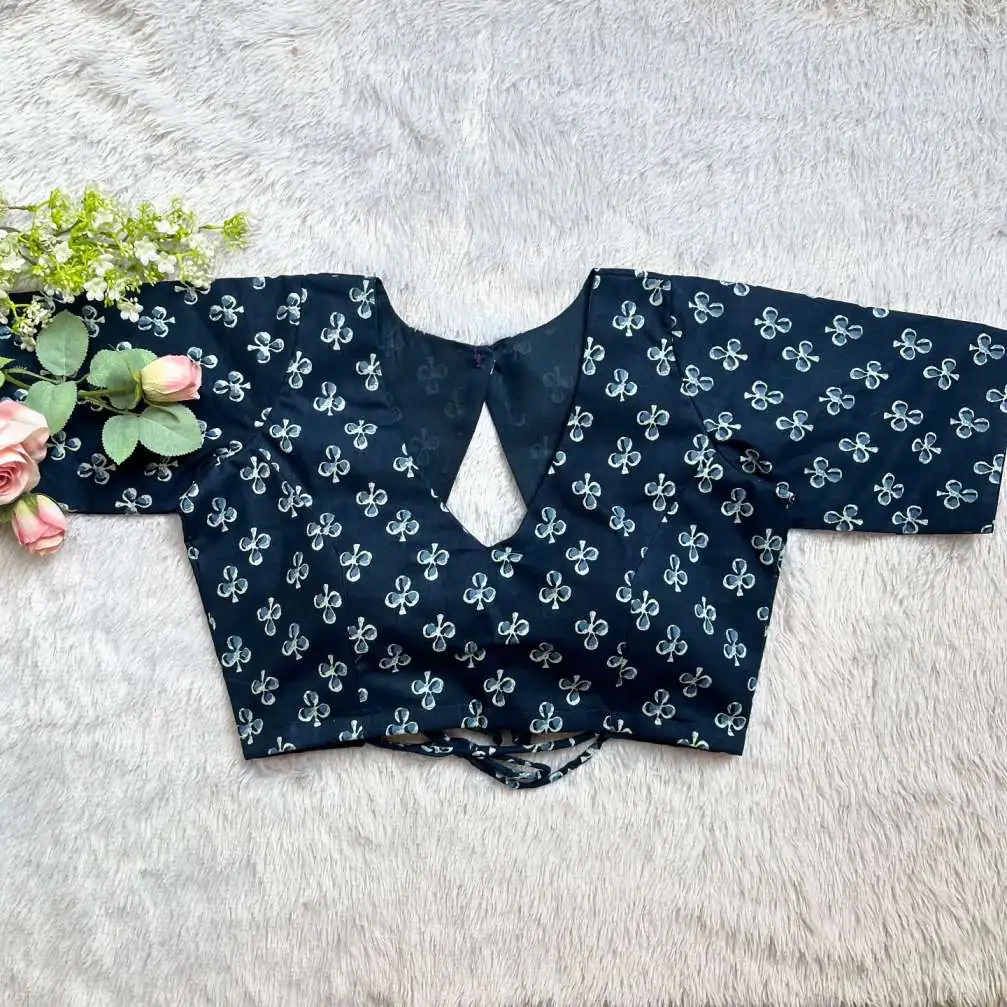 Indigo Blue Butti V-Neck Elbow Sleeves Blouse