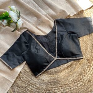 Black Alia Cut Deep V-Neck Elbow Sleeves Raw Silk Blouse