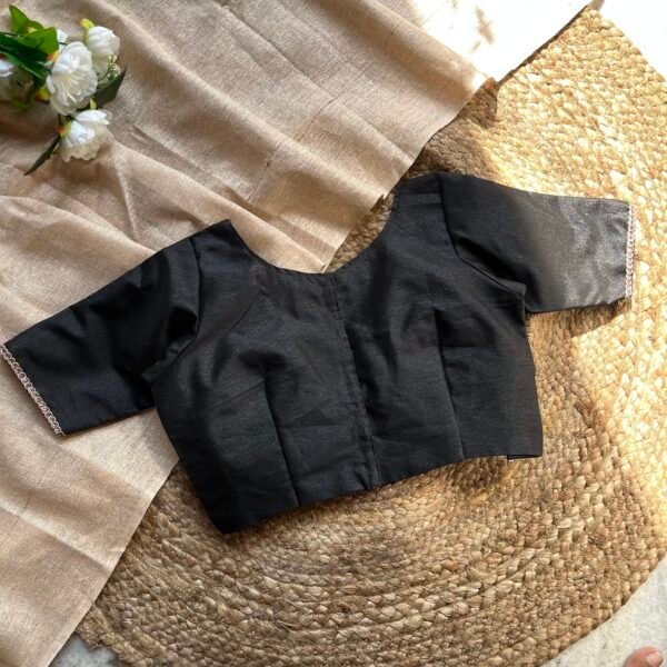 Black Alia Cut Deep V-Neck Elbow Sleeves Raw Silk Blouse