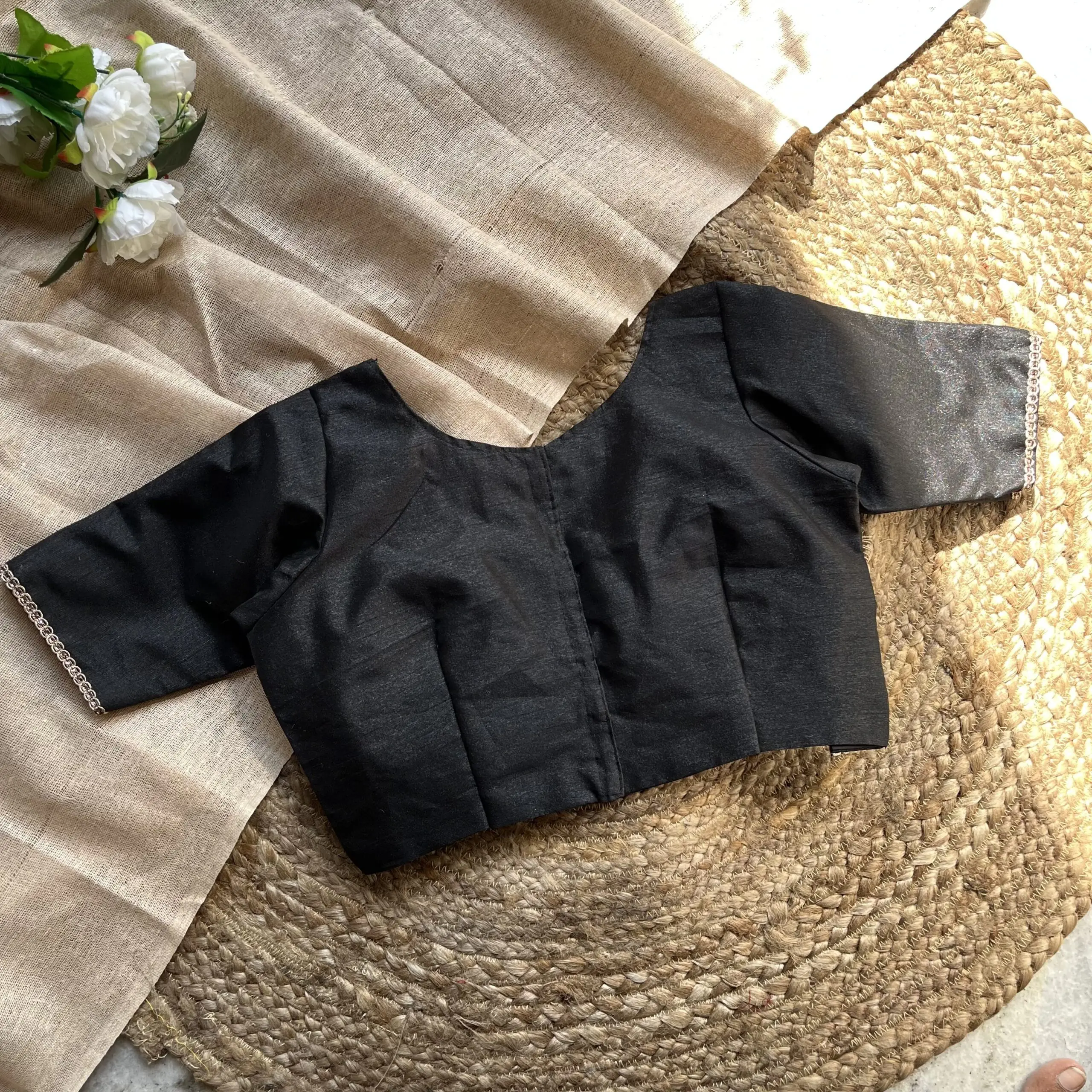 Black Alia Cut Deep V-Neck Elbow Sleeves Raw Silk Blouse