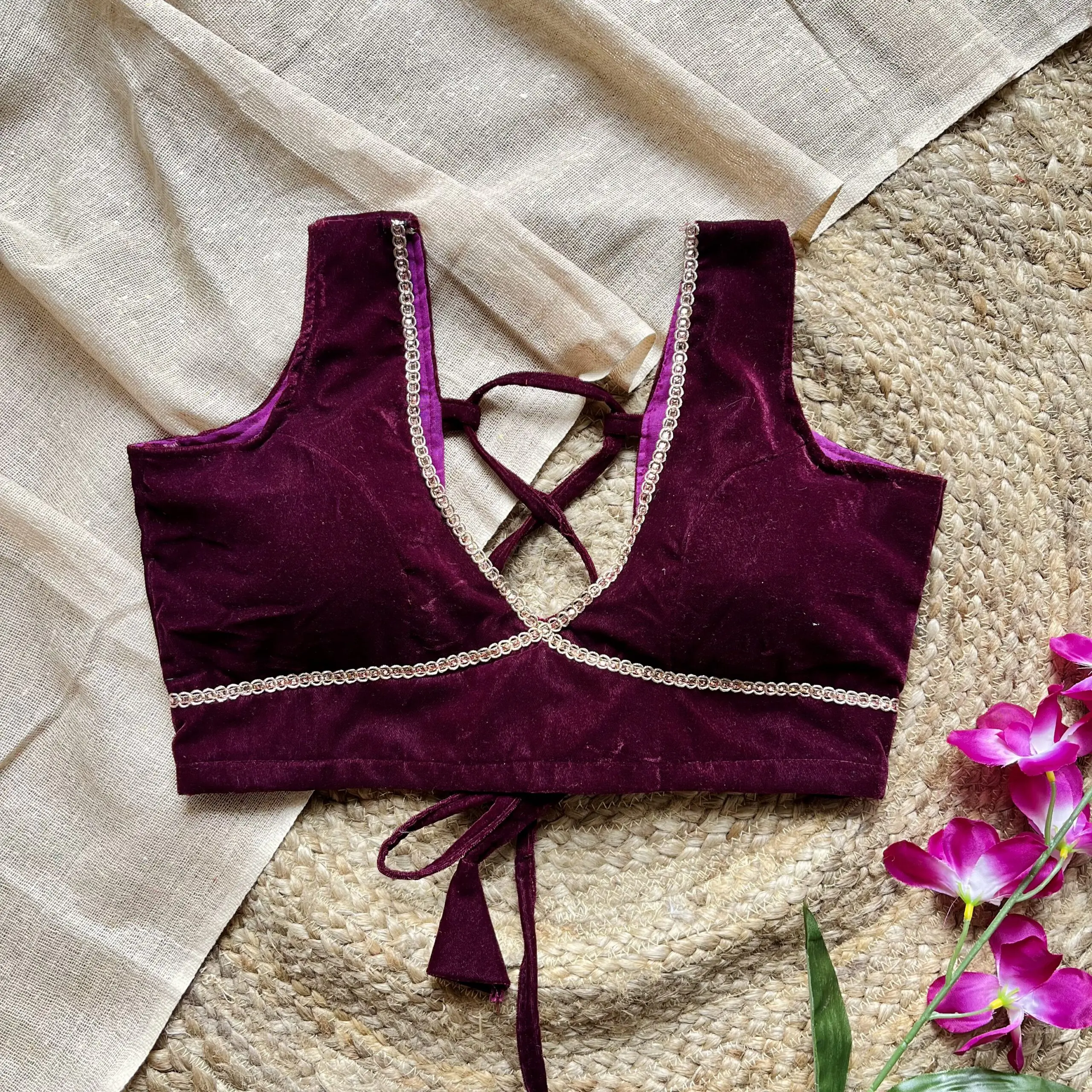 Wine Nazakat Sleeveless Velvet Blouse