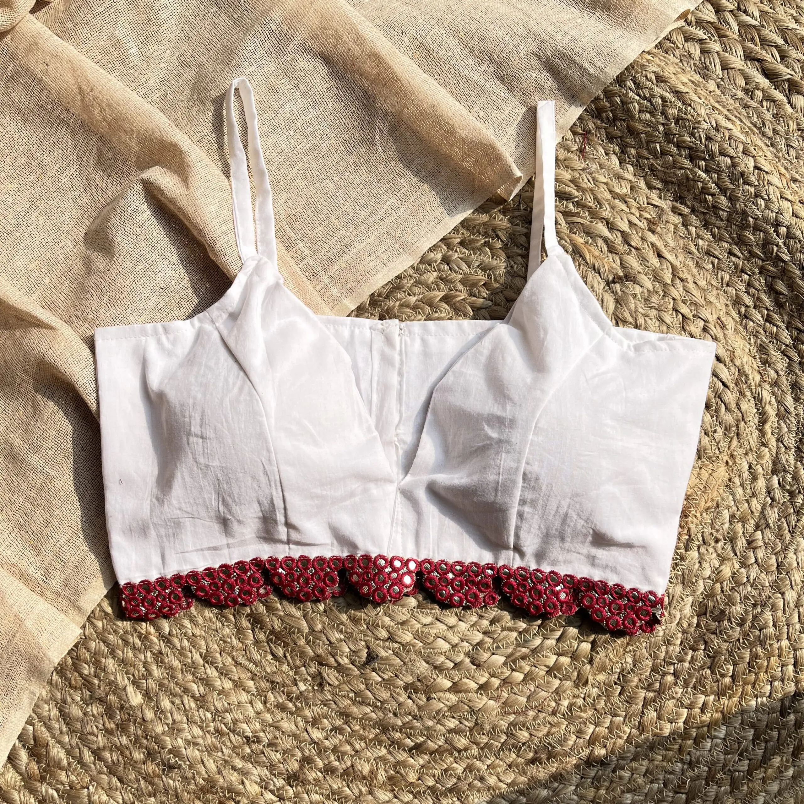 White Noodle Strap V-Neck Cotton Blouse
