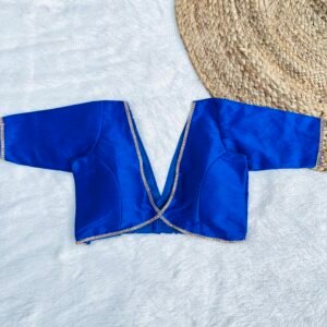 Royal Blue Alia Cut Deep V-Neck Elbow Sleeves Raw Silk Blouse