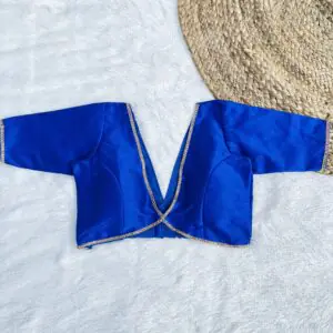 Royal Blue Alia Cut Deep V-Neck Elbow Sleeves Raw Silk Blouse