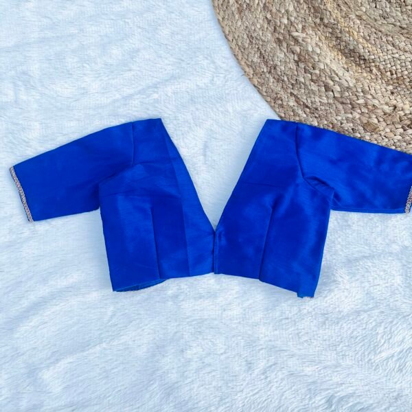 Royal Blue Alia Cut Deep V-Neck Elbow Sleeves Raw Silk Blouse