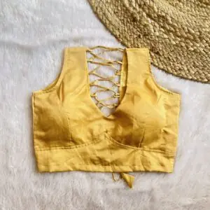 Golden V-Neck Back Criss Cross Raw Silk Blouse