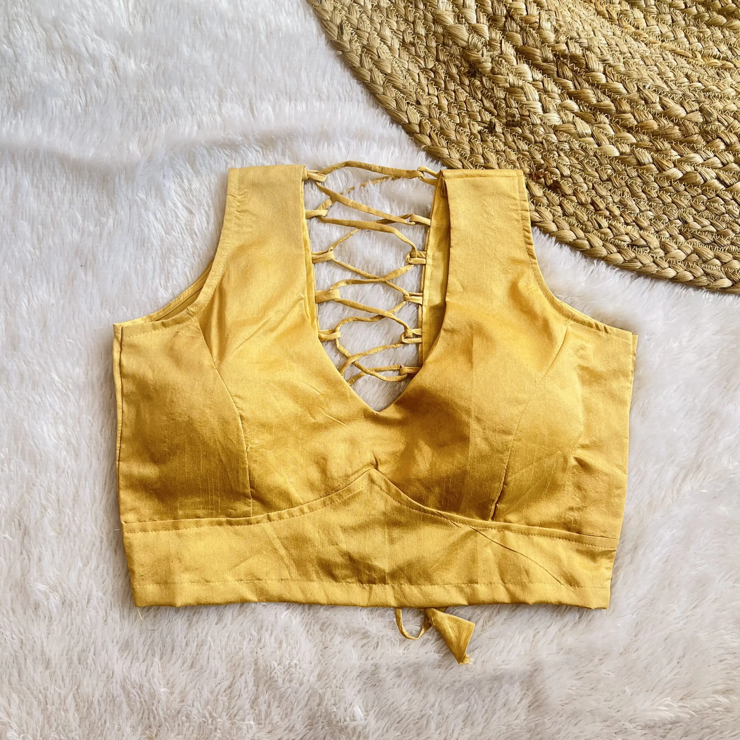Golden V-Neck Back Criss Cross Raw Silk Blouse