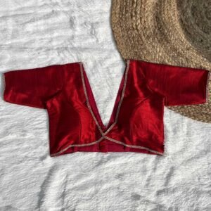 Maroon Alia Cut Deep V-Neck Elbow Sleeves Raw Silk Blouse