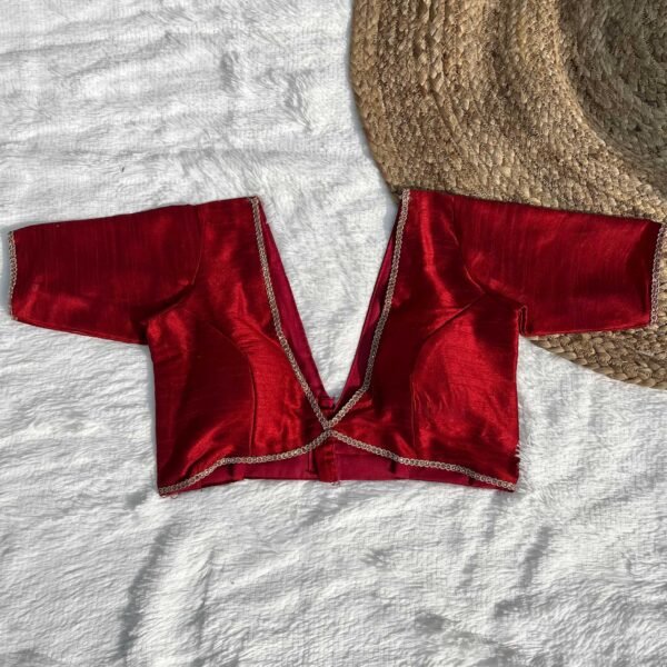 Maroon Alia Cut Deep V-Neck Elbow Sleeves Raw Silk Blouse
