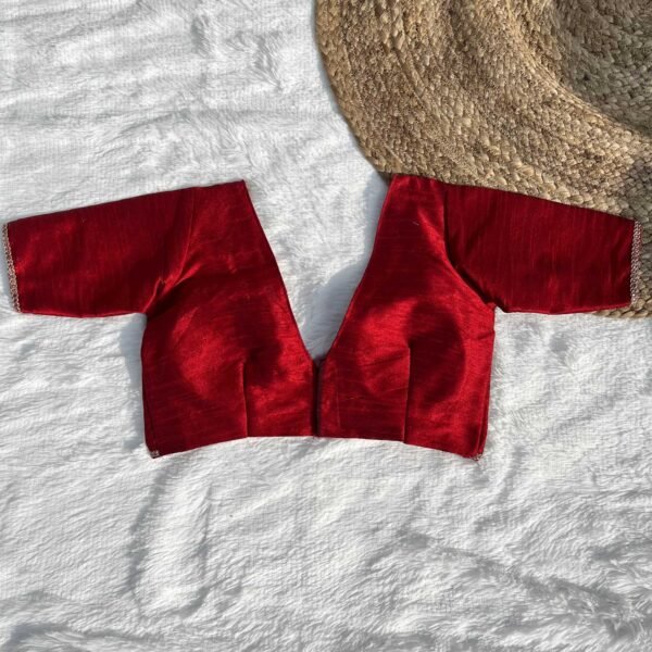 Maroon Alia Cut Deep V-Neck Elbow Sleeves Raw Silk Blouse
