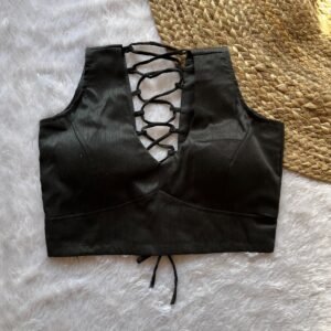 Black V-Neck Back Criss Cross Raw Silk Blouse
