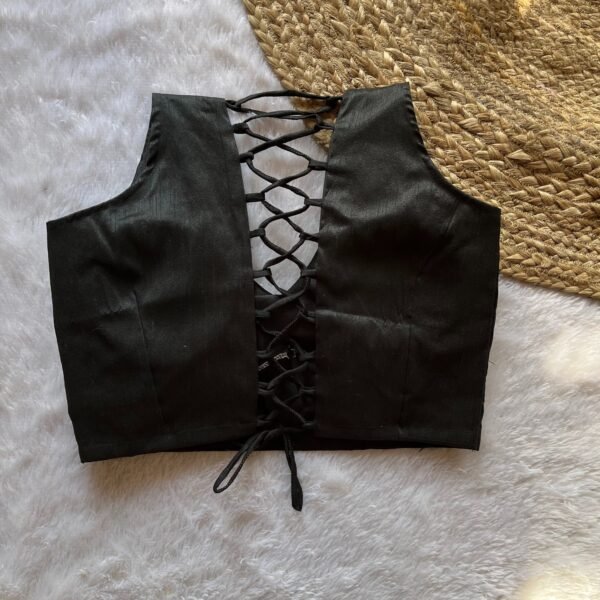 Black V-Neck Back Criss Cross Raw Silk Blouse