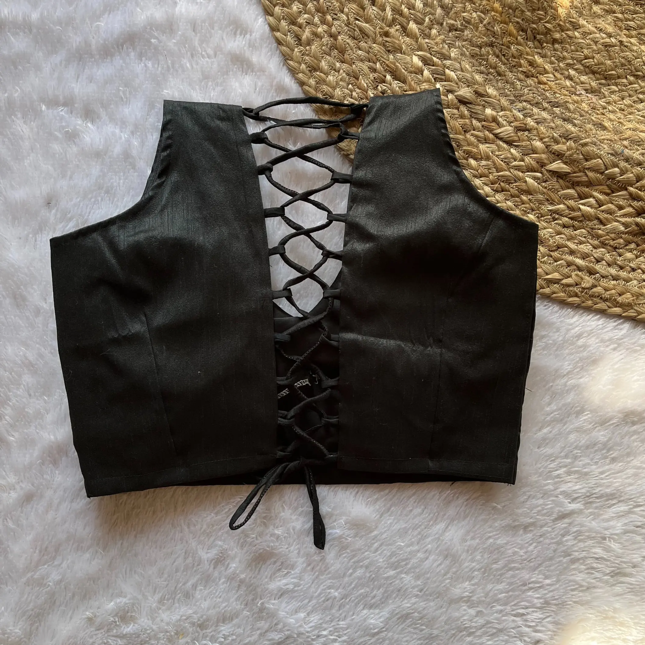 Black V-Neck Back Criss Cross Raw Silk Blouse