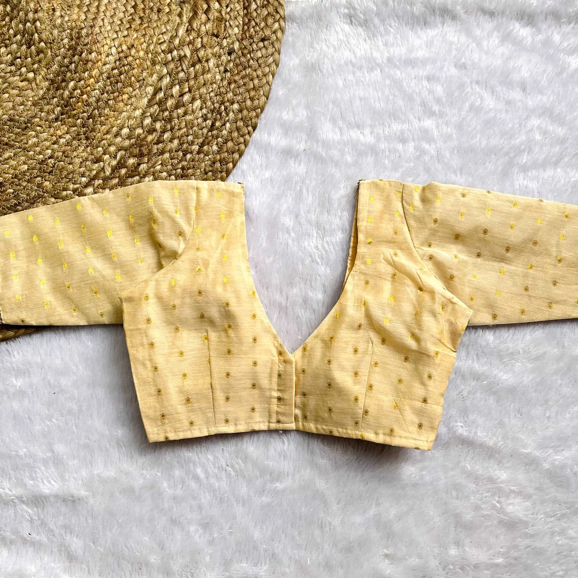 Golden Alia Cut Deep V-Neck Elbow Sleeves Raw Silk Blouse