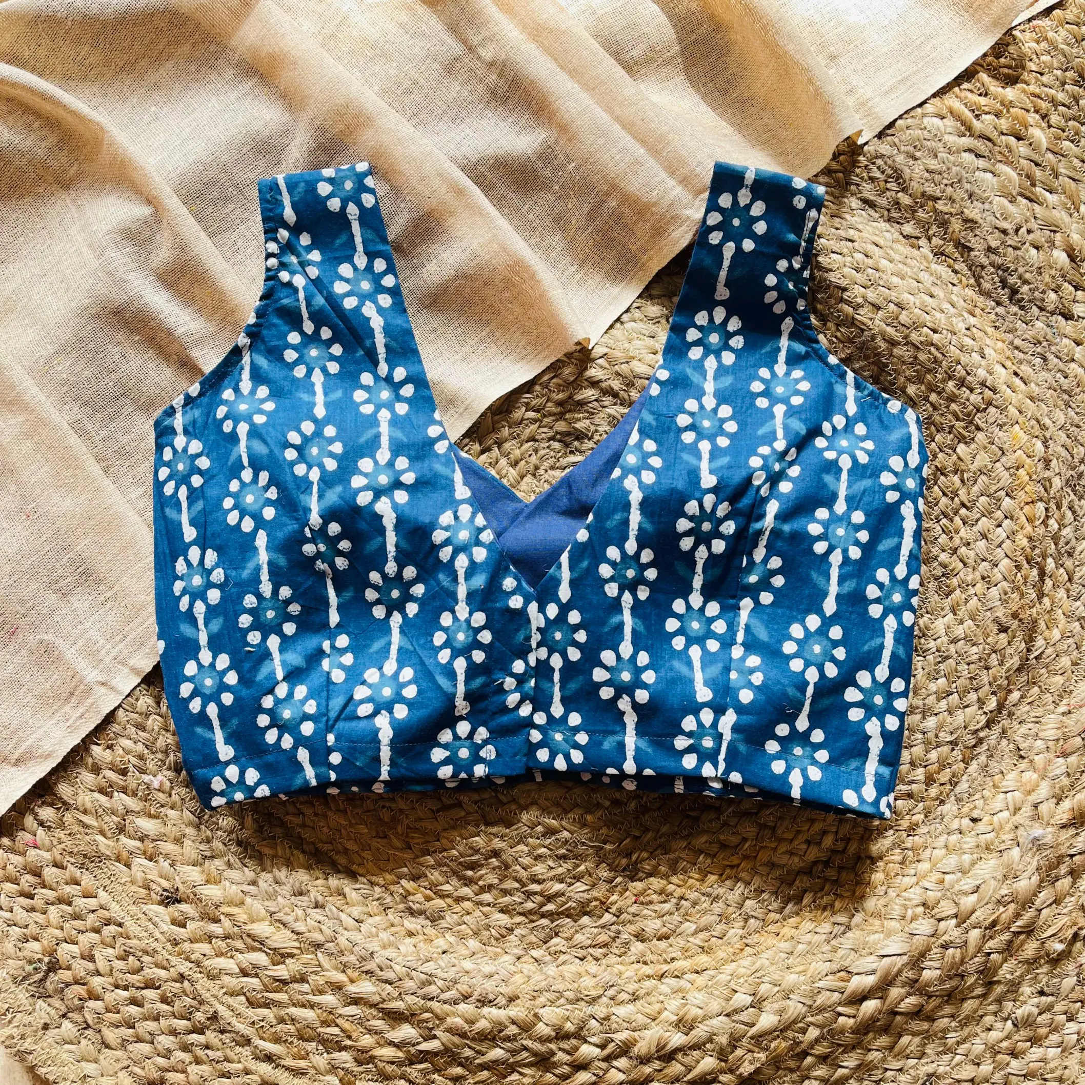 Blue Batik Print Sleeveless Cotton Blouse