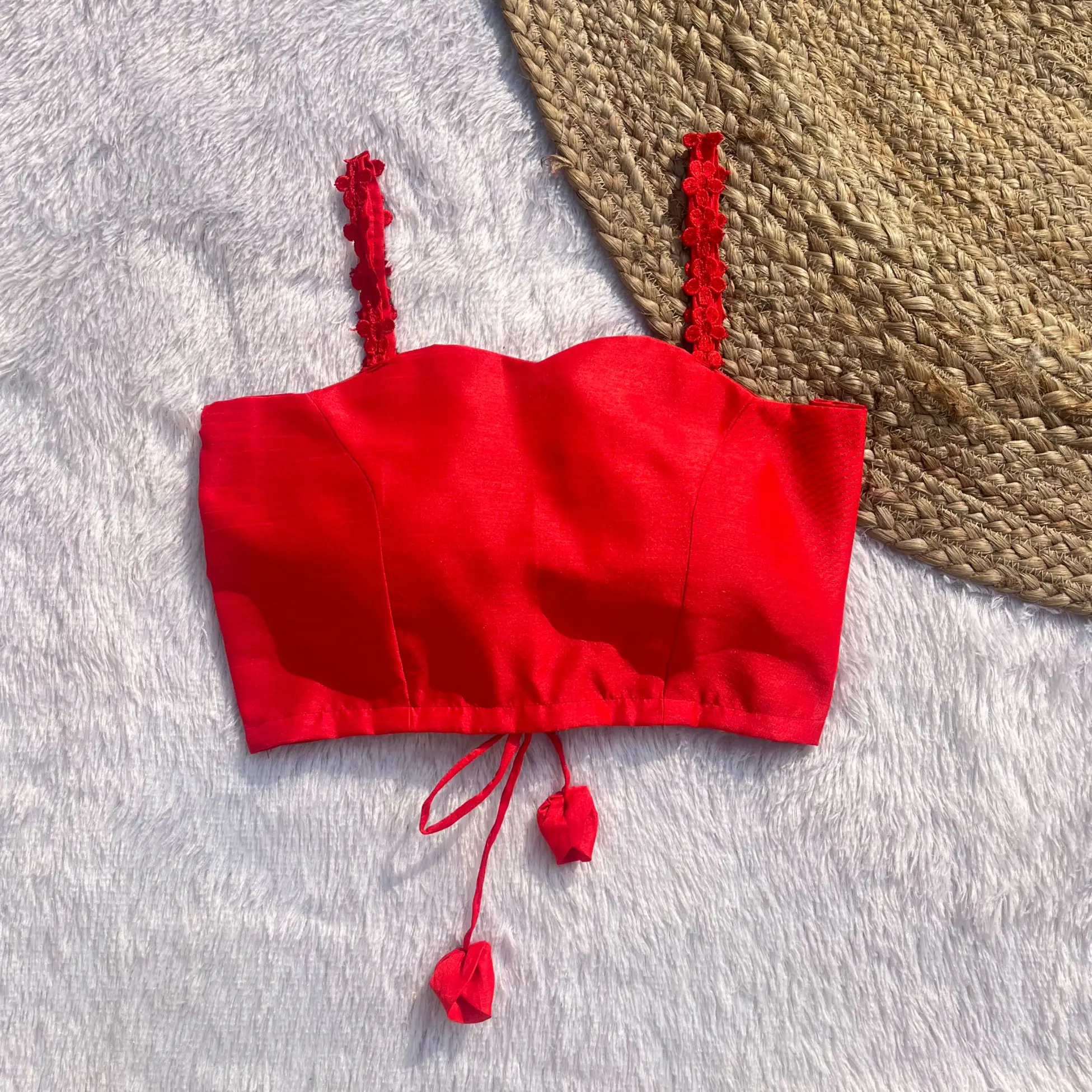 Red Flower Noodle Strap Raw Silk Blouse