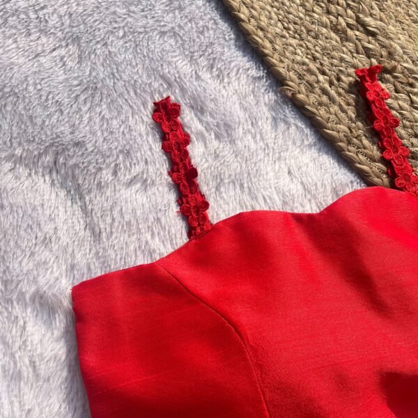 Red Flower Noodle Strap Raw Silk Blouse