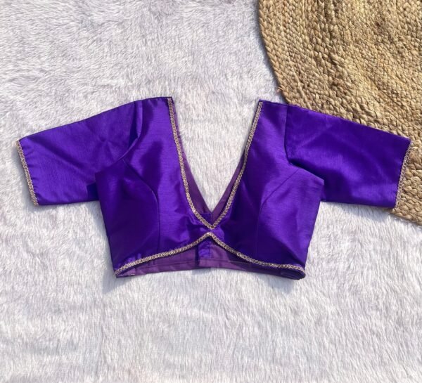 Purple Alia Cut Deep V-Neck Elbow Sleeves Raw Silk Blouse