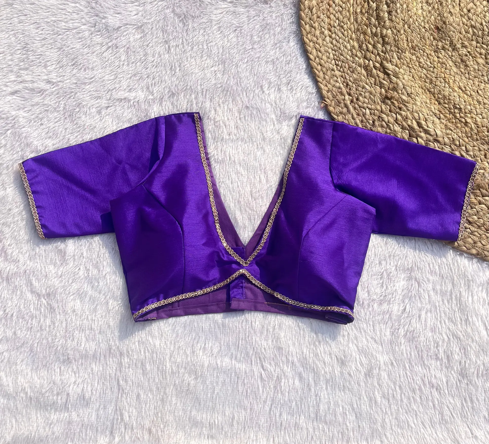 Purple Alia Cut Deep V-Neck Elbow Sleeves Raw Silk Blouse