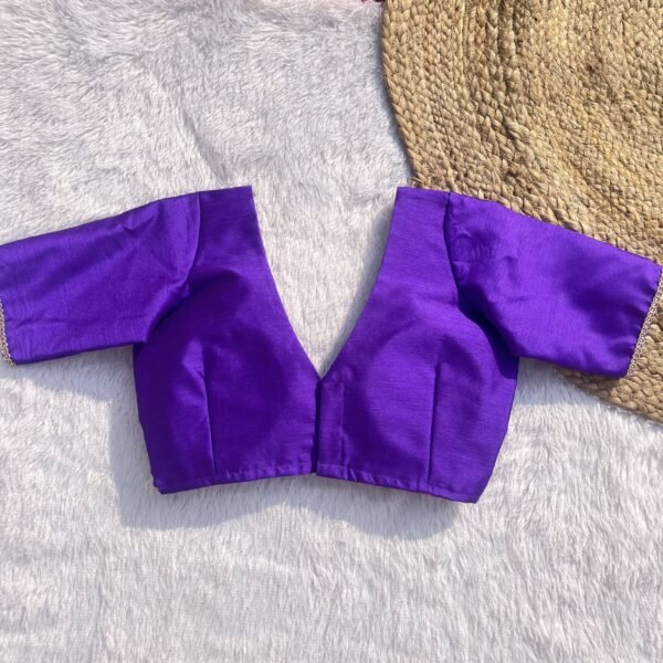 Purple Alia Cut Deep V-Neck Elbow Sleeves Raw Silk Blouse
