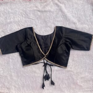 Black Alia Cut V-Neck Back Dori Elbow Sleeves Silk Blouse