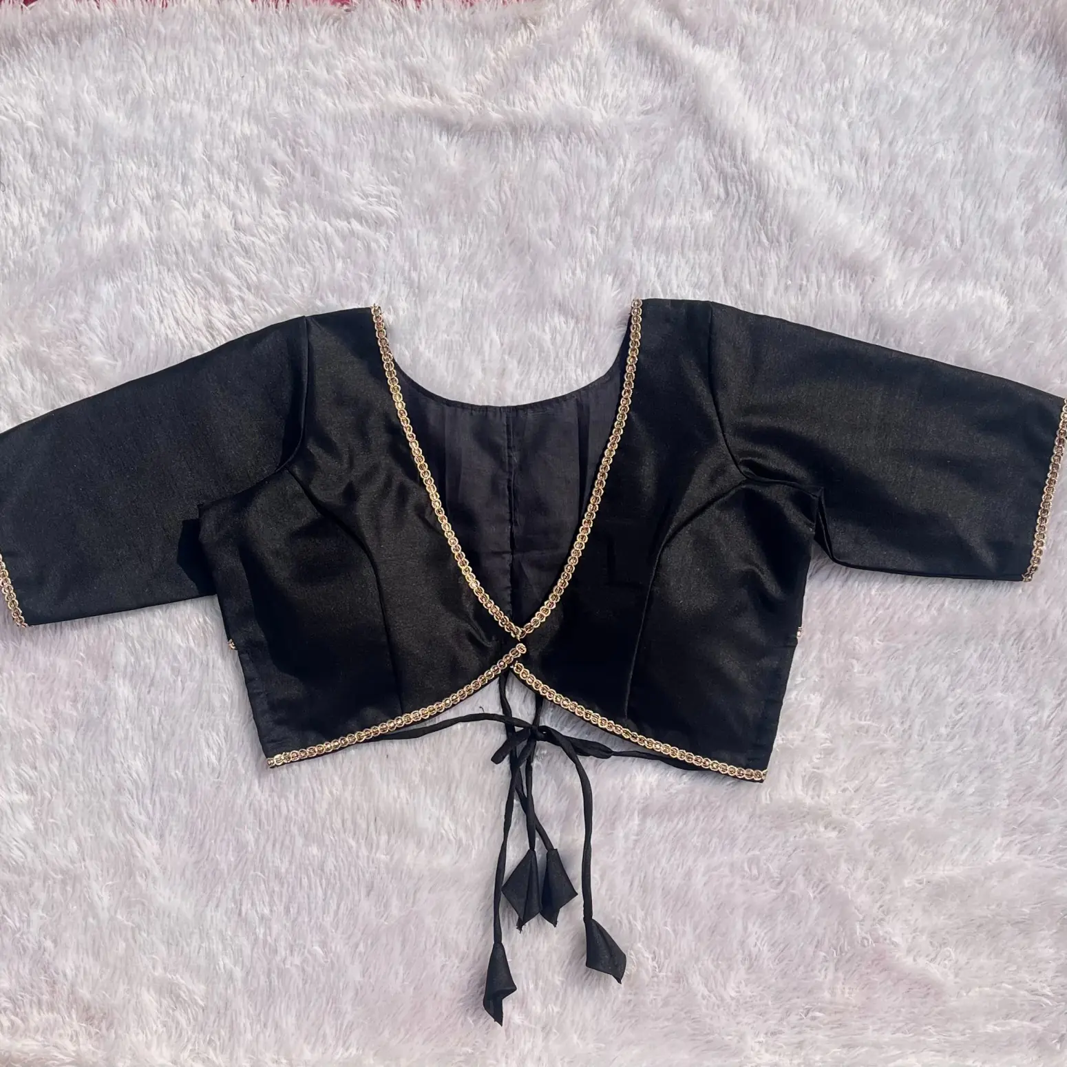 Black Alia Cut V-Neck Back Dori Elbow Sleeves Silk Blouse