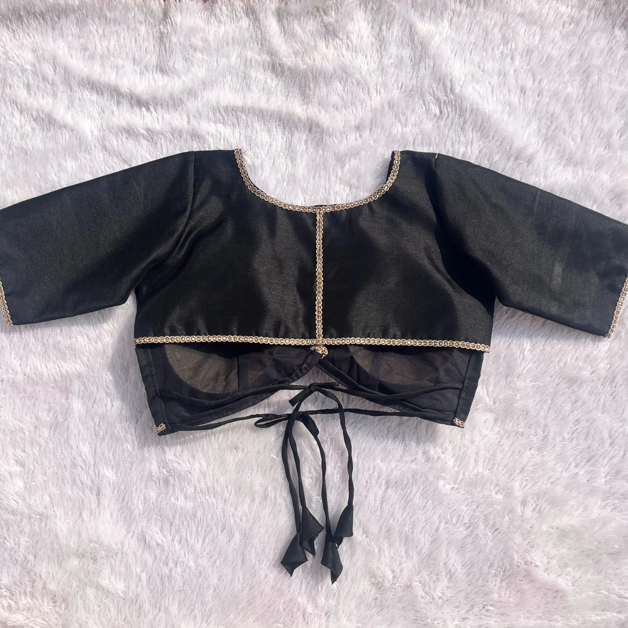Black Alia Cut V-Neck Back Dori Elbow Sleeves Silk Blouse
