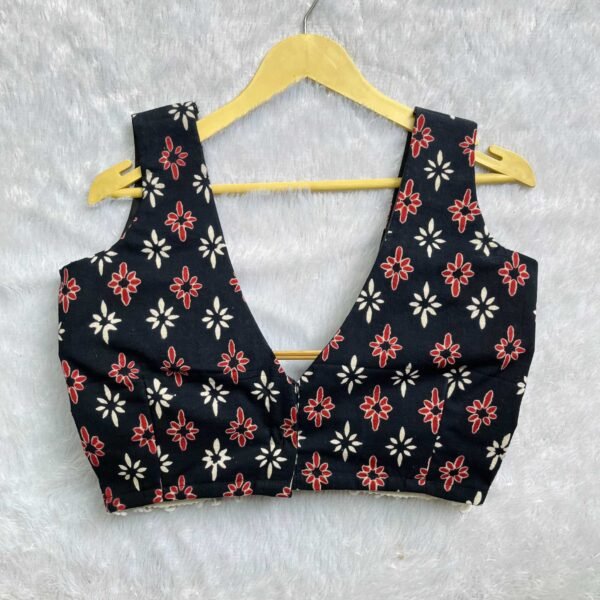 Black Motif V-neck Cotton Blouse