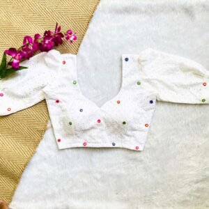 White Multi Mirror Work Puffy Sleeves Hakoba Blouse