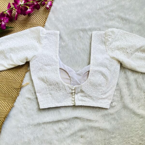 White Multi Mirror Work Puffy Sleeves Hakoba Blouse