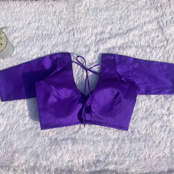 Purple Sweetheart Neck Elbow Sleeves Raw Silk Blouse